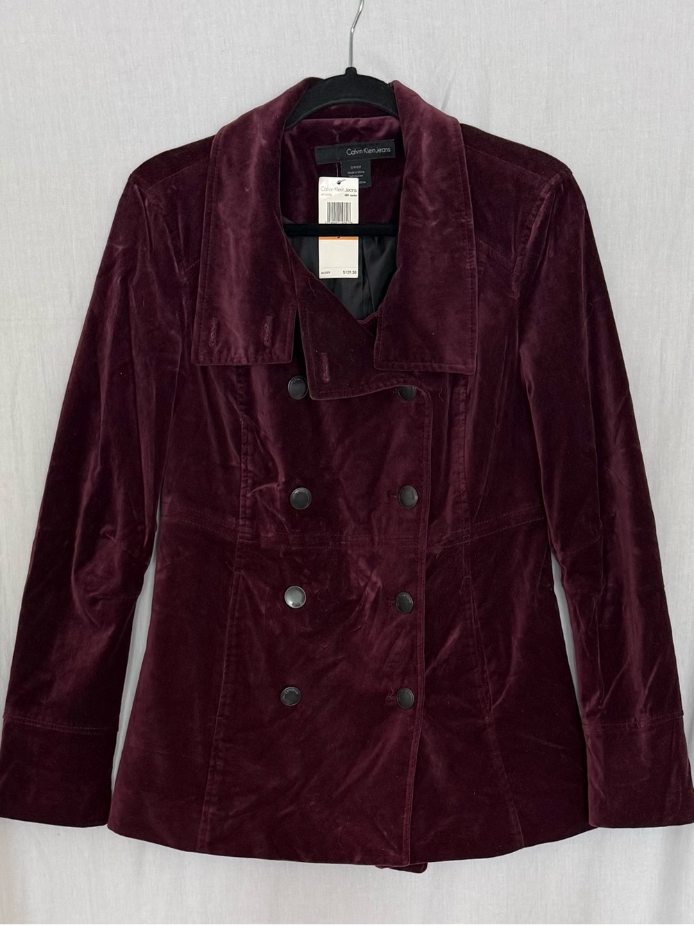 NWT Calvin Klein Womens S Burgundy Velvet Double Breasted Pea Coat Dark Academia